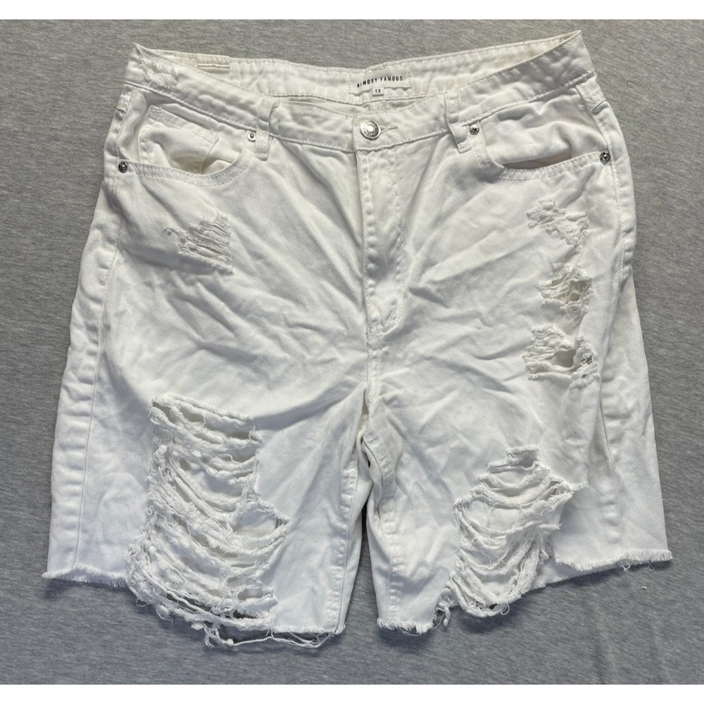Almost Famous Cut Off Shorts Womens 13 White Denim Stretch Frayed Hem Distressed